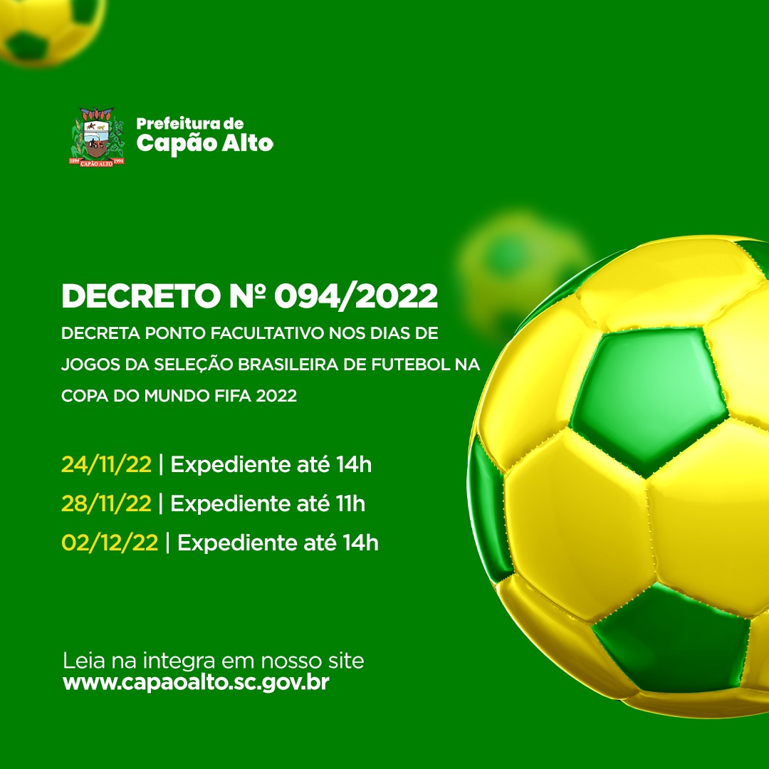 Governo do Tocantins decreta horários facultativos para os dias de jogos do  Brasil na Copa 2022 - Audifisco